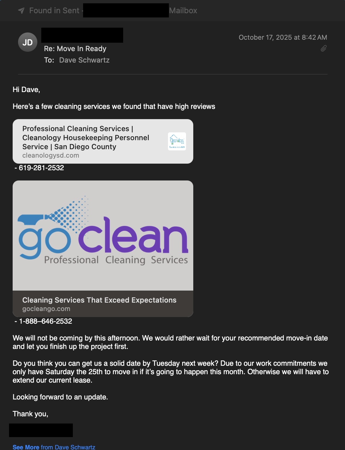 Email with cleaning service contacts