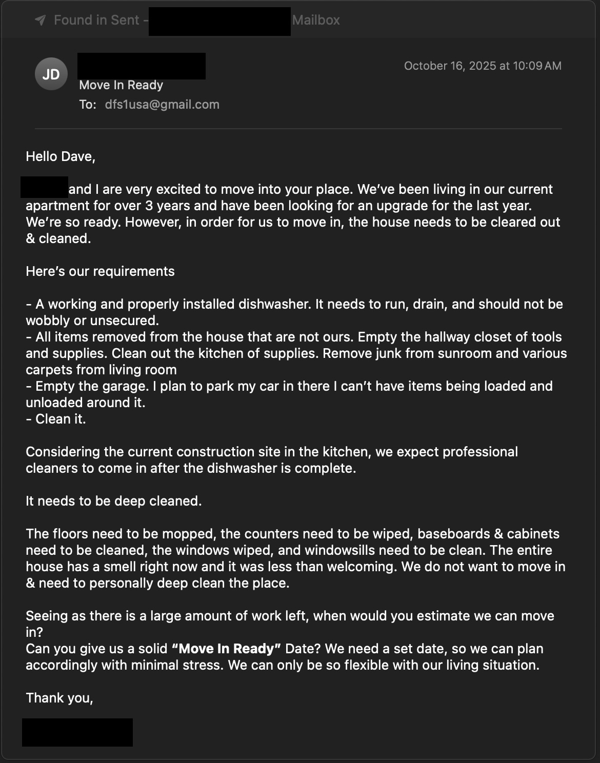 Email requesting demands