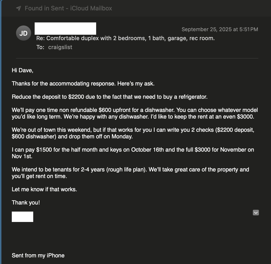 Email proposing terms